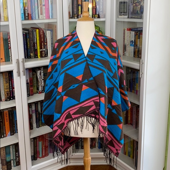 Teal Aztec Ruana Wrap Poncho